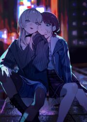 2girls black_boots black_choker black_pantyhose black_sweater blue_eyes blue_jacket blue_shorts blurry blurry_background boots cheek_squash choker closed_mouth commentary girls_band_cry grey_eyes grey_hair highres iseri_nina jacket kouhiipan long_hair low_twintails multicolored_hair multiple_girls nina_(fire_emblem) one_eye_closed pantyhose pantyhose_under_shorts plaid_clothes plaid_skirt red_skirt roots_(hair) shirt short_hair short_twintails shorts sitting skirt sweater tongue tongue_out twintails white_shirt yuri