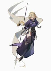 1girl armor battle_standard black_bow black_thighhighs blonde_hair bow capelet closed_mouth dress fate/grand_order fate_(series) full_body gauntlets headpiece highres holding holding_polearm holding_weapon jeanne_d&#039;arc_(fate) jeanne_d&#039;arc_(ruler)_(fate) long_braid long_hair looking_down polearm purple_capelet purple_dress purple_eyes simple_background sketch solo thighhighs weapon white_background xiao_dao_(kojimarie)
