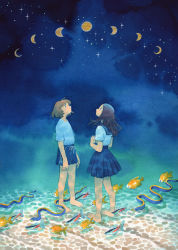 2girls absurdres bare_legs barefoot black_hair black_sailor_collar blue_shorts blue_skirt brown_hair crescent_moon eel fish full_moon heikala highres long_hair medium_hair moon moon_phases multiple_girls original pleated_skirt profile sailor_collar shadow shirt short_sleeves shorts skirt traditional_media underwater white_shirt