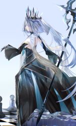 1girl absurdres black_dress black_gloves blue_eyes chess_piece crown dress fate/grand_order fate_(series) gloves highres long_hair long_sleeves milbi morgan_le_fay_(fate) morgan_le_fay_(queen_of_winter)_(fate) polearm simple_background solo spear veil very_long_hair weapon white_hair