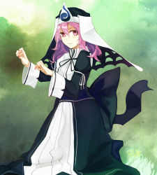 Rule 34 | 1girl, alternate costume, arm ribbon, bad id, bad pixiv id, black dress, blush, dress, female focus, hair between eyes, hands up, hat, highres, koumajou densetsu, koumajou densetsu 2, long hair, long sleeves, mob cap, paw pose, pink eyes, pink hair, puffy long sleeves, puffy sleeves, ribbon, saigyouji yuyuko, scroll lock (scrool5), signature, slit pupils, smile, solo, touhou, tree, triangular headpiece, veil