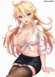 Rule 34 | 1girl, ahoge, alternate costume, arm support, black skirt, black thighhighs, blonde hair, blouse, blue eyes, blush, breasts, brown thighhighs, cleavage, collarbone, crossed legs, eyebrows, female focus, fingernails, front-tie top, garter straps, hair between eyes, iowa (kancolle), kantai collection, large breasts, long hair, midriff, navel, office lady, open clothes, open mouth, open shirt, pencil skirt, sakiyamama, shiny skin, shirt, skindentation, skirt, solo, star-shaped pupils, star (symbol), symbol-shaped pupils, teeth, thighhighs, tied shirt, white background, white shirt, zettai ryouiki