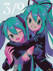 Rule 34 | 2girls, ;d, absurdres, aqua eyes, aqua hair, aqua nails, aqua necktie, aqua trim, bare shoulders, black jacket, black sleeves, collared shirt, dated, detached sleeves, dual persona, grey shirt, hair between eyes, hatsune miku, hatsune miku (if), highres, hug, jacket, menma (enaic31), miku day, multiple girls, nail polish, necktie, one eye closed, open mouth, ponytail, shirt, simple background, sleeveless, sleeveless shirt, smile, tie clip, twintails, vocaloid