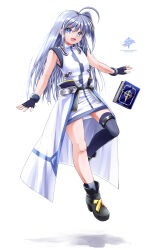 1girl ahoge asymmetrical_legwear black_boots black_gloves blue_thighhighs book boots character_name commentary_request copyright_name dress fingerless_gloves floating full_body gloves grey_hair highres long_hair looking_at_viewer lyrical_nanoha mahou_shoujo_lyrical_nanoha_strikers open_mouth paid_reward_available red_eyes reinforce short_dress single_thighhigh sleeveless sleeveless_dress solo sougetsu_izuki standing thighhighs white_dress