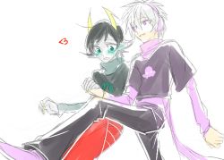 1boy 1girl bad_id bad_pixiv_id black_hair blonde_hair blush bow colored_skin earmuffs gender_request genderswap grey_skin hairband heart hetero holding_hands homestuck horns kanaya_maryam lipstick long_skirt makeup oekaki rose_lalonde sharp_teeth short_hair simple_background skirt smile teeth white_background