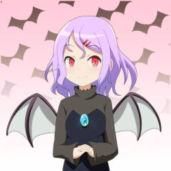 1girl alternate_costume bat_background bat_wings cato_(monocatienus) commentary dress fang fang_out gradient_background hair_ornament hairclip highres interlocked_fingers long_sleeves medium_hair own_hands_together pink_background purple_hair red_eyes remilia_scarlet simple_background sleeves_past_wrists smile solo touhou upper_body wings