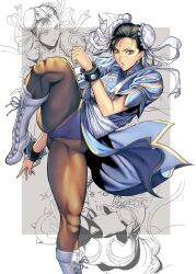 1girl black_hair boots bracelet bun_cover cameltoe capcom china_dress chinese_clothes chun-li commentary crotch double_bun dress earrings fighting_stance hair_bun homare_(fool&#039;s_art) jewelry knee_boots leg_lift legs lipstick makeup muscular open_mouth pantyhose pelvic_curtain photoshop_(medium) sash short_hair simple_background solo spiked_bracelet spikes standing standing_on_one_leg street_fighter thick_thighs thighs yellow_eyes