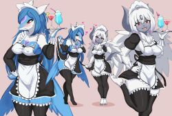 2girls absol absurdres apron blue_hair blush breasts cielobivolta claws closed_mouth cup feathered_wings food fruit furry furry_female gen_3_pokemon headdress highres holding latios legendary_pokemon legs lemon long_hair maid mega_absol mega_pokemon multiple_girls navel nintendo open_mouth pokemon pokemon_(creature) red_eyes smile standing white_hair wings