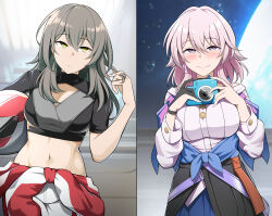2girls absurdres black_shirt black_skirt blue_jacket blue_skirt blush breasts camera cleavage cleavage_cutout clothes_around_waist clothing_cutout commentary commentary_request cowboy_shot crop_top grey_hair hand_up helmet highres holding holding_camera holding_helmet honkai:_star_rail honkai_(series) jacket jacket_around_waist limelam06 long_hair long_sleeves looking_at_viewer march_7th_(honkai:_star_rail) march_7th_(preservation)_(honkai:_star_rail) medium_breasts medium_hair midriff multiple_girls navel pants pink_hair shirt skirt smile standing stelle_(galactic_grand_prix)_(honkai:_star_rail) stelle_(honkai:_star_rail) stomach trailblazer_(honkai:_star_rail) upper_body white_pants white_shirt yellow_eyes