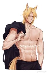1boy abs animal_ear_piercing animal_ears arknights bara blonde_hair brown_eyes collarbone extra_ears fingernails highres holding holding_jacket holding_unworn_clothes horse_boy horse_ears horse_tail jacket looking_at_viewer male_focus mlynar_(arknights) muscular parted_lips pubic_hair pubic_hair_peek short_hair simple_background solo tail topless_male unworn_jacket vamos_mk white_background