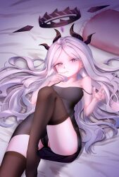 1girl ahoge black_dress black_halo black_thighhighs blue_archive breasts cameltoe demon_girl demon_horns dress halo highres hina_(blue_archive) horns long_hair looking_at_viewer lying on_bed pillow purple_eyes small_breasts solo thighhighs thighs user_ujes2472 variant_set white_hair zettai_ryouiki