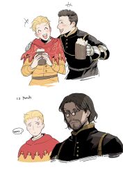 2boys ^_^ beard beer_mug belt black_jacket blonde_hair blue_eyes blush brown_belt brown_hair cape closed_eyes closed_mouth commentary cup english_commentary english_text facial_hair gauntlets glasses grey_eyes half-closed_eyes hans_capon henry_of_skalitz highres holding holding_cup jacket kingdom_come:_deliverance_ii looking_at_another looking_to_the_side mug multiple_boys open_mouth parted_lips portrait red_cape simple_background smile speech_bubble sweatdrop teeth tongue tworain_w upper_body upper_teeth_only white_background yellow_jacket