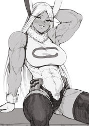 1girl absurdres animal_ears arm_behind_head bare_shoulders blush boku_no_hero_academia breasts commentary covered_abs covered_navel crescent_print dark-skinned_female dark_skin english_commentary fur_collar gloves greyscale highleg highleg_leotard highres large_breasts leotard long_eyelashes long_hair looking_at_viewer mirko monochrome muscular muscular_female obliques parted_bangs parted_lips rabbit_ears rabbit_girl sitting sleeveless_turtleneck_leotard smile solo speedl00ver taut_leotard thick_thighs thighhighs thighs veins veiny_arms very_long_hair white_gloves white_hair white_leotard