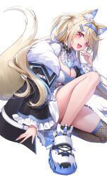 Rule 34 | 1girl, :d, animal collar, animal ear fluff, animal ears, bandaid, bandaid hair ornament, bib collar, black collar, black jacket, blonde hair, blue hair, blue hairband, blue nails, blush, breasts, brown thighhighs, center frills, cleavage, cleavage cutout, clothing cutout, collar, colored shoe soles, commentary, crossed bangs, curry bowl, cutout above navel, detached collar, dog ears, dog girl, dog tail, dress, extra ears, fake horns, fang, fishnet thighhighs, fishnets, frilled shirt collar, frilled sleeves, frills, full body, fur-trimmed jacket, fur trim, fuwawa abyssgard, fuwawa abyssgard (1st costume), hair intakes, hair ornament, hairband, hairclip, hand up, highres, hololive, hololive english, horns, jacket, large breasts, long hair, long sleeves, looking at viewer, medium breasts, multicolored hair, nail polish, off shoulder, on one knee, open mouth, over-kneehighs, parted bangs, pink eyes, shoes, short dress, single over-kneehigh, single thighhigh, skin fang, skindentation, smile, sneakers, solo, spiked collar, spikes, streaked hair, tail, thighhighs, two side up, virtual youtuber, white background, white dress, white shoes
