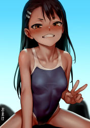 Rule 34 | 1girl, as109, black hair, blue one-piece swimsuit, blush, breasts, brown eyes, collarbone, covered navel, dark-skinned female, dark skin, fang, girl on top, hair ornament, hairclip, highres, ijiranaide nagatoro-san, lips, long hair, looking at viewer, nagatoro hayase, one-piece swimsuit, school swimsuit, small breasts, solo focus, sweat, swimsuit, teeth, v