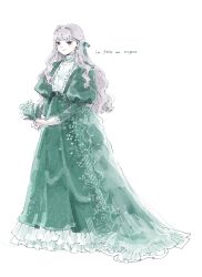 1girl blush dress flower french_text full_body green_dress grey_hair highres holding holding_flower idolmaster idolmaster_(classic) juliet_sleeves long_hair long_sleeves looking_at_viewer nekozuka_(duka_nkdk) pink_eyes puffy_sleeves shijou_takane simple_background smile solo white_background