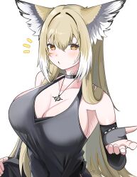 1girl absurdres animal_ear_fluff animal_ears arknights bare_shoulders black_choker blush breasts brown_eyes brown_hair celtic_cross choker cleavage collarbone cross fingerless_gloves fox_ears gloves grey_gloves hair_between_eyes hand_up highres large_breasts long_hair looking_at_viewer notice_lines parted_lips simple_background solo spam_(spamham4506) upper_body very_long_hair vulpisfoglia_(arknights) white_background