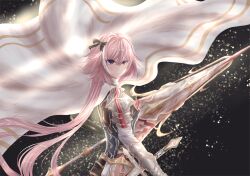 1boy 428_(user_uzpe7478) absurdres armor astolfo_(fate) black_background black_bow bow cape crossdressing fate/apocrypha fate/grand_order fate_(series) hair_bow hair_intakes highres holding holding_polearm holding_weapon multiple_hair_bows pink_hair polearm scabbard sheath sword trap trap_of_argalia weapon white_cape