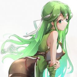 Rule 34 | 1girl, armor, bare shoulders, black pantyhose, blush, breastplate, breasts, clear glass (mildmild1311), detached sleeves, dress, fire emblem, fire emblem: mystery of the emblem, fire emblem: shadow dragon, fire emblem heroes, green dress, green eyes, green hair, hair ribbon, headband, highres, long hair, medium breasts, nintendo, palla (fire emblem), pantyhose, ribbon, sleeveless, sleeveless dress, solo, white headband