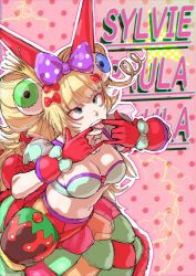 1girl blonde_hair blue_eyes bobbles bow bracelet breasts cleavage collarbone crop_top crown eyeball eyeball_hair_ornament eyelashes fake_horns fukamichi_ran&#039;ou gloves green_shirt hair_between_eyes hair_bow hair_ornament heart highres holding horns jewelry lips long_hair medium_breasts midriff mini_crown necklace nose open_mouth palms pearl_bracelet pearl_necklace polka_dot polka_dot_bow puffy_short_sleeves puffy_sleeves purple_bow raised_eyebrows red_bow red_gloves shirt short_sleeves sidelocks simple_background snk solo spikes sylvie_paula_paula teeth the_king_of_fighters the_king_of_fighters_xiv tongue twintails upper_body very_long_hair wavy_hair