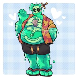 1boy arm_behind_back artist_name bara belly black_shorts blush commentary commission dagger doug_(monster_prom) english_commentary fat fat_man flip-flops heart highres knife male_focus mochiskii monster_prom open_clothes open_shirt planted planted_knife planted_weapon ribs sandals shorts skull skull_head slime_(creature) twitter_username waving weapon