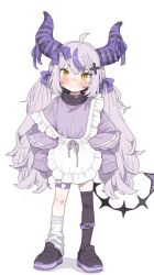 Rule 34 | 1girl, absurdres, apron, asymmetrical legwear, bandaid, bandaid on face, bandaid on nose, black shoes, black thighhighs, blush, closed mouth, demon girl, demon horns, full body, highres, hololive, horn ornament, horn ribbon, horns, jacket, jersey maid, la+ darknesss, long hair, loose socks, maid, mismatched legwear, possummachine, purple hair, purple jacket, purple ribbon, ribbon, shoes, simple background, single sock, single thighhigh, socks, standing, thighhighs, track jacket, unconventional maid, very long hair, virtual youtuber, wavy hair, white apron, white background, white socks, yellow eyes