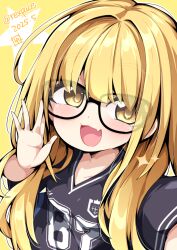 1girl bespectacled black-framed_eyewear blonde_hair blush collarbone commentary_request dated fang fujita_kotone gakuen_idolmaster glasses idolmaster long_hair looking_at_viewer reku selfie signature skin_fang smile solo sparkle sportswear straight_hair twitter_username upper_body yellow_eyes