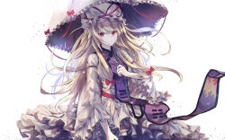 1girl blonde_hair bow closed_mouth commentary cowboy_shot dress dx7537 english_commentary expressionless flame_print hair_bow hat highres holding holding_umbrella long_hair long_sleeves mob_cap purple_tabard red_bow red_eyes red_ribbon ribbon simple_background solo tabard touhou trigram umbrella very_long_hair white_background white_dress white_hat wide_sleeves yakumo_yukari yin_yang yin_yang_print