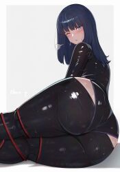 Rule 34 | 1girl, artist name, ass, black bodysuit, black hair, blue eyes, blue hair, blush, bodysuit, bound, bound legs, clothing cutout, earrings, grey background, gridman universe, gridman universe (movie), hip vent, huge ass, jewelry, looking back, lying, medium hair, on side, one eye closed, rope, shee-p (inemurisheep113), solo, ssss.gridman, sweat, takarada rikka, wide hips