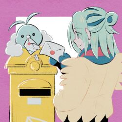 1boy blue_mittens blue_scarf closed_mouth commentary_request conachun creatures_(company) envelope feathers game_freak gen_3_pokemon green_hair grusha_(pokemon) hand_up highres holding holding_envelope jacket male_focus mittens mouth_hold nintendo pokemon pokemon_(creature) pokemon_sv postbox_(outgoing_mail) scarf smile striped_clothes striped_scarf swablu white_background yellow_jacket