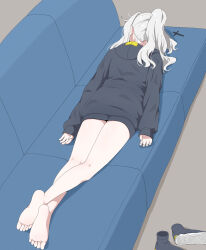 1girl bare_legs barefoot black_hoodie black_shoes blue_archive commentary_request couch cross_hair_ornament crossed_ankles full_body grey_hair hair_ornament hare_(blue_archive) highres hood hood_down hoodie long_hair long_sleeves lying on_couch on_stomach ponytail puffy_long_sleeves puffy_sleeves shoes soles solo unamaso unworn_hair_ornament unworn_shoes