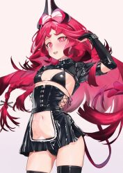 1girl alternate_costume arknights bikini black_bikini black_corset black_gloves black_skirt black_thighhighs breasts cleavage clothing_cutout corset cropped_legs elbow_gloves gloves highres horns latex long_hair looking_at_viewer navel_cutout nymph_(arknights) open_mouth pink_background pink_eyes pink_hair simple_background skirt small_breasts smile solo standing swimsuit teeth thighhighs upper_teeth_only variant_set yakurope-moko