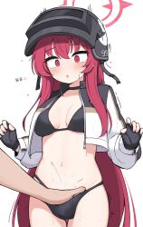 1boy 1girl absurdres bikini black_bikini black_choker black_gloves black_helmet blue_archive blush breasts choker cowboy_shot cropped_jacket fingering fingerless_gloves gloves halo hands_up helmet hetero highres jacket long_hair long_sleeves medium_breasts navel open_clothes open_jacket open_mouth rabu_(blue_archive) rabu_(swimsuit)_(blue_archive) red_eyes red_hair red_halo simple_background solo_focus stomach swimsuit tagyeokgam tearing_up white_background