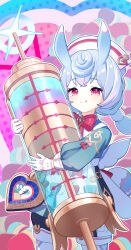 1girl :q absurdres animal_ears apron aqua_bow aqua_shirt black_shorts blue_hair blush bow bowtie broken_heart brooch closed_mouth commentary_request cowboy_shot crossed_bangs eyelashes genshin_impact gloves gradient_hair hair_between_eyes hair_ornament hat heart highres holding holding_syringe jewelry large_syringe licking_lips long_sleeves looking_at_viewer low_twintails medium_hair multicolored_background multicolored_hair nurse_cap oversized_object pantyhose pill pink_bow pom_pom_(clothes) pom_pom_hair_ornament puffy_long_sleeves puffy_shorts puffy_sleeves purple_hair red_bow red_bowtie red_eyes seitokai_satoo-sgr shirt short_shorts shorts sidelocks sigewinne_(genshin_impact) simple_background smile solo standing syringe tail tongue tongue_out twintails white_apron white_gloves white_hat white_pantyhose
