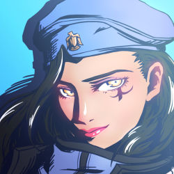 1girl aged_down ana_(overwatch) artist_request beret black_hair blue_background brown_eyes captain_amari close-up dark-skinned_female dark_skin facial_tattoo female_focus hat lipstick looking_at_viewer makeup overwatch overwatch_1 portrait red_lips sijia_wang simple_background solo tattoo