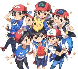 6+boys :d ;d ash_ketchum baseball_cap belt belt_buckle black_gloves black_hair blue_footwear blue_jacket blush boots brown_eyes buckle commentary_request crossed_arms double_v fang fingerless_gloves gen_1_pokemon gloves hair_between_eyes hands_up hat highres holding holding_unworn_clothes holding_unworn_hat jacket kurage2535 looking_at_viewer male_focus multiple_boys multiple_persona nintendo on_head one_eye_closed open_mouth pants parted_lips pikachu pokemon pokemon_(anime) pokemon_(classic_anime) pokemon_(creature) pokemon_bw_(anime) pokemon_dppt_(anime) pokemon_journeys pokemon_on_head pokemon_rse_(anime) pokemon_sm_(anime) pokemon_xy_(anime) red_headwear shirt shoes short_hair short_sleeves shorts sleeveless sleeveless_jacket smile spiked_hair star_(symbol) striped_clothes striped_shirt t-shirt unworn_hat unworn_headwear v white_background white_shirt zipper_pull_tab