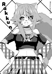 Rule 34 | 1girl, :d, absurdres, animal ears, asymmetrical sidelocks, bandaid, bandaid on face, bandaid on nose, bare shoulders, belt, blush, character name, commentary, cropped shirt, fangs, fishnet top, fishnets, greyscale, grid background, hair ornament, hairclip, halterneck, hands on own hips, highres, kimurasenpai, leaf, linea alba, looking at viewer, midriff, monochrome, navel, off-shoulder shirt, off shoulder, open mouth, owozu, plaid arm warmers, plaid clothes, plaid skirt, pleated skirt, raccoon ears, raccoon tail, rakkun sutaru, rakkun sutaru (3rd costume), shirt, short hair, skirt, smile, spanish commentary, stomach, straight-on, striped tail, tail, twitter username, unmoving pattern, virtual youtuber, wallet chain