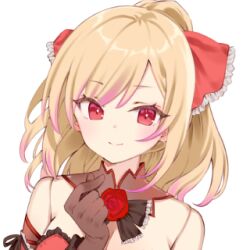 1girl bad_link bare_shoulders blonde_hair closed_mouth dot_nose flower gloves gradient_hair hair_ribbon little_witch_nobeta long_hair lowres multicolored_hair official_art ponytail portrait red_eyes red_flower ribbon rose sidelocks simple_background smile solo strapless vanessa_(little_witch_nobeta)