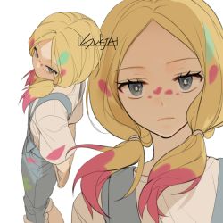 1girl aged_down arms_behind_back artist_name blonde_hair blue_eyes creatures_(company) game_freak looking_at_viewer mina_(pokemon) multicolored_hair multiple_views nintendo overalls paint_splatter paint_splatter_on_face pokemon pokemon_lgpe shirt short_sleeves short_twintails standing sukja twintails white_background white_shirt
