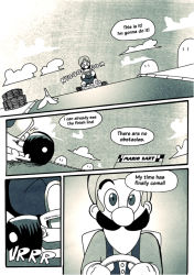 1boy comic driving english_text facial_hair gloves hat kart luigi male_focus mario_(series) mario_kart monochrome mustache nintendo overalls setz solo super_mario_bros._1 |_|
