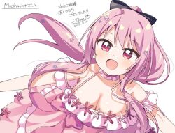 1girl :d ambitious_mission arise_kaguya bare_shoulders black_bow blush bow breasts cleavage collarbone commentary_request commission dated dot_nose dress hair_bow haru_(konomi_150) large_breasts long_hair looking_at_viewer off-shoulder_dress off_shoulder open_mouth pink_dress pink_hair ponytail red_eyes signature simple_background skeb_commission smile solo upper_body white_background
