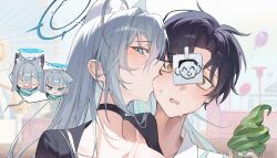 Rule 34 | 3girls, absurdres, animal ear fluff, animal ears, balloon, biting, biting cheek, black choker, black hair, blank eyes, blue archive, blue eyes, blue halo, blush, character request, choker, collarbone, doodle sensei (blue archive), food, grey hair, hair ornament, halo, highres, holding, holding food, holding ice cream, ice cream, long hair, may.l, multiple girls, open mouth, sensei (blue archive), shiroko (blue archive), shiroko terror (blue archive), short hair, spoken character, sweat, wolf ears, wolf girl, yellow eyes