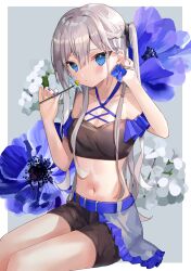 1girl absurdres bare_shoulders black_shirt black_shorts blue_eyes braid breasts cleavage commentary crop_top flower hair_ribbon halterneck hands_up highres holding long_hair looking_at_viewer medium_breasts midriff navel original ribbon shirt short_shorts shorts sinobi_illust sitting solo stomach thighs twintails white_flower white_hair