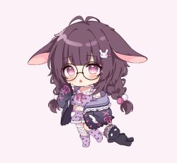 1girl animal_ears antenna_hair black-framed_eyewear black_jacket blush braid chibi commentary doll english_commentary fallenshadow flat_chest full_body glasses highres hitsukuya holding holding_doll indie_virtual_youtuber jacket long_hair long_sleeves looking_at_viewer navel open_clothes open_jacket open_mouth pink_eyes purple_hair purple_shorts purple_socks rabbit_ears rabbit_girl round_eyewear shorts sidelocks simple_background socks solo standing twin_braids virtual_youtuber