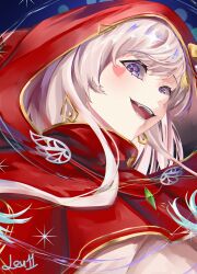 1girl absurdres airani_iofifteen airani_iofifteen_(indonesian_casual) capelet commentary earrings english_commentary facial_mark fangs from_below from_side grey_hair heart heart_facial_mark highres hololive hololive_indonesia hood hood_up hooded_capelet jewelry levi11 long_hair long_sidelocks looking_at_viewer looking_down mark_under_eye official_alternate_costume open_mouth purple_eyes red_capelet sidelocks sideways_glance signature solo swept_bangs upper_body virtual_youtuber