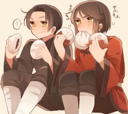 ... 2boys axis_powers_hetalia baggy_pants bandaged_leg bandages belt black_hair black_jacket black_pants blush breast_pocket brown_belt china_(hetalia) chinese_clothes closed_mouth collared_jacket commentary_request eating feet_out_of_frame food hair_between_eyes hands_up holding holding_food hong_kong_(hetalia) jacket long_hair long_sleeves looking_afar looking_at_another low_ponytail male_focus military_jacket military_uniform multiple_boys ninonuko pants pantyhose pocket ponytail red_shirt shirt short_hair sidelocks simple_background sitting smile spoken_ellipsis steamed_bun sweatdrop v-shaped_eyebrows white_pantyhose wide_sleeves yellow_background yellow_eyes