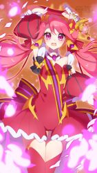 artist_request back_bow boots bow detached_sleeves gold_tiara highres knee_boots leotard looking_at_viewer magical_girl pink_hair princess_zeal princession_orchestra puffy_short_sleeves puffy_sleeves red_background red_eyes red_leotard shirube_kagari short_sleeves tiara upper_body wand watermark