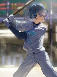 1girl absurdres amane_kanata baseball baseball_bat baseball_cap baseball_helmet baseball_jersey baseball_uniform belt_buckle blue_eyes blue_streaks blurry buckle cowboy_shot depth_of_field from_side gloves grey_hair hat helmet highres hololive jersey long_sleeves multicolored_hair panda_0035 serious shirt_tucked_in solo sportswear swinging two-tone_hair undershirt virtual_youtuber white_gloves