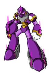 Rule 34 | 1boy, arm cannon, armor, character name, corruption, forehead jewel, full body, hayebsi, helmet, male focus, mega man (series), mega man x (series), mega man x corrupted, pink eyes, purple armor, purple helmet, solo, weapon, white background, x (mega man)