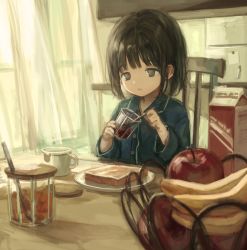1girl apple banana black_eyes black_hair blue_pajamas bread_slice breakfast chair child cup curtains female_focus food fruit indoors jam jar kitchen milk_carton mug open_mouth original pajamas plate sero3eta solo spoon table toast